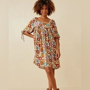 Earthy Floral Square Neck Tie Sleeve Shift Dress